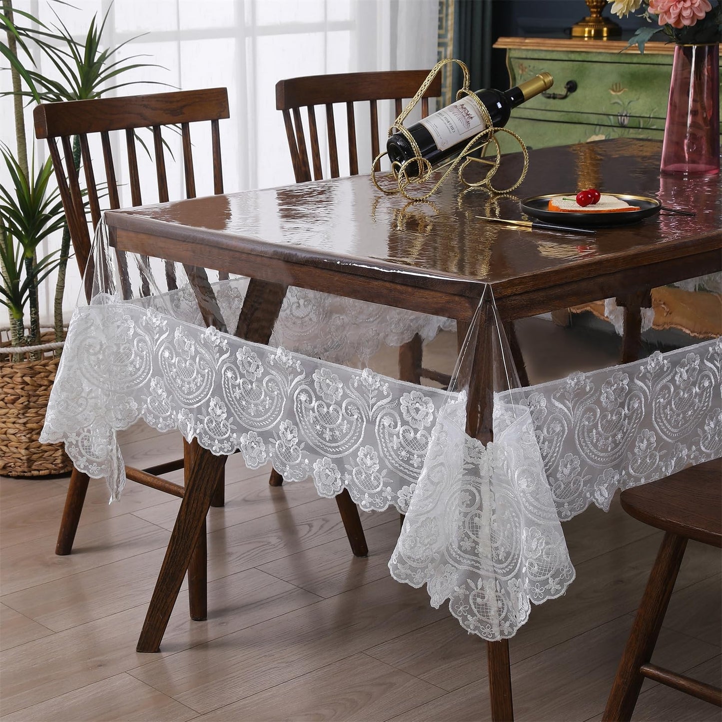 Rakila Clear Plastic Rectangle Tablecloth Vinyl Waterproof Table Cloth Embroidered Lace Edge Transparent Table Cover for Dining Kitchen Outdoor(60 x 106 inch, White)