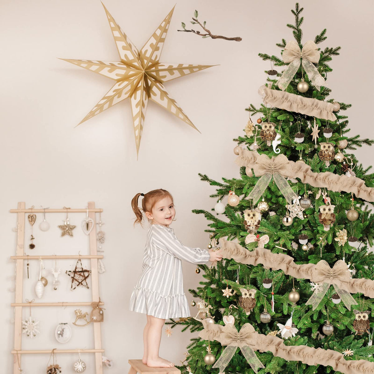 Sotiff 68 PCS Woodland Christmas Tree Ornaments Decoration Set - Includes Forest Animal, Gold Ball, Hedgehog, Jute Tree Wrap & Bows for Farmhouse Rustic Fall Winter Holiday Party Decor