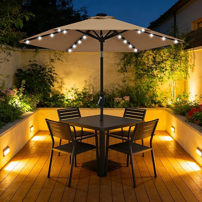 ABCCANOPY Durable Solar Led Patio Umbrellas with 24LED Lights 7.5FT with 6 Sturdy Ribs (Tan)