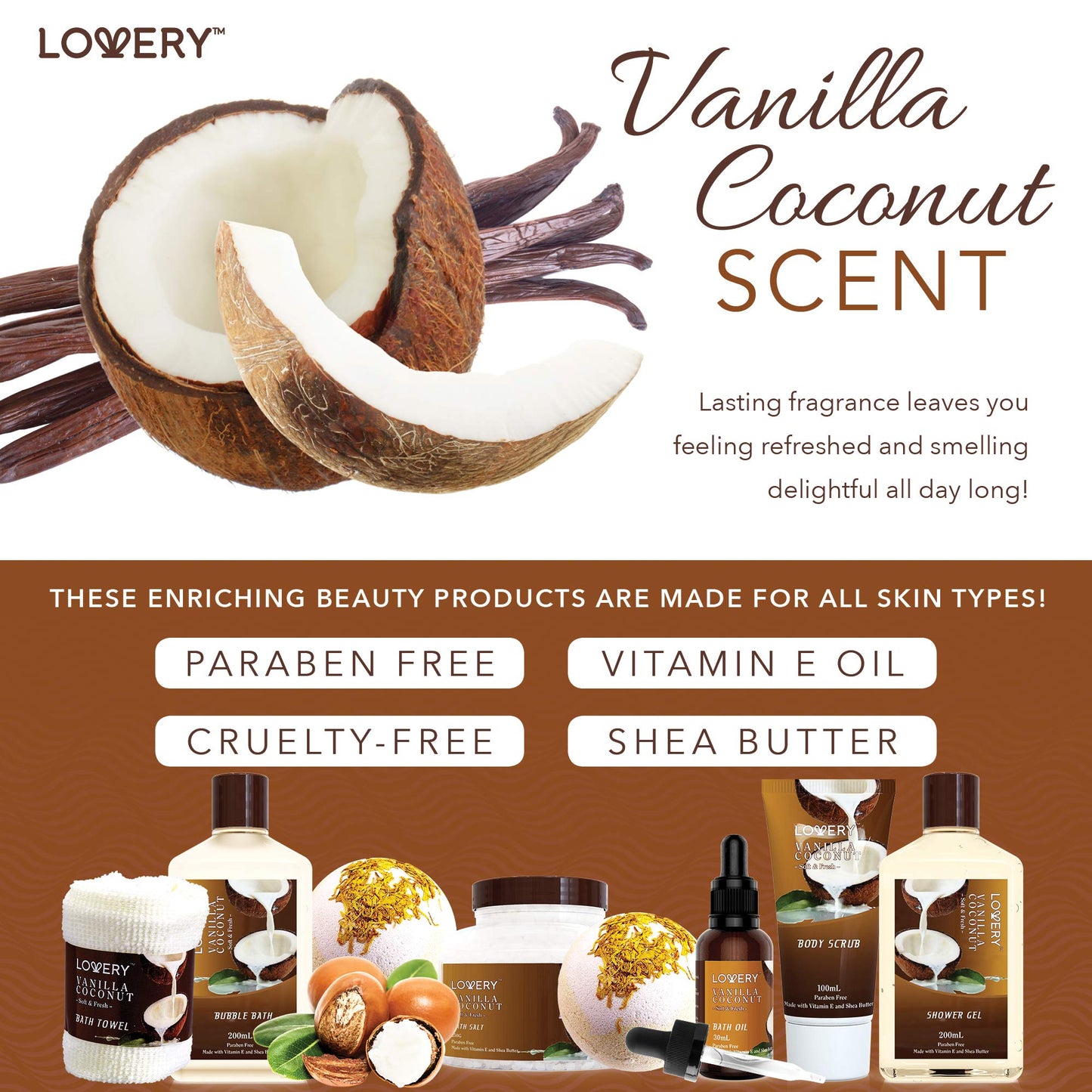 Gifts For Women Gift Basket for Womenโ 9 Piece Set of Vanilla Coconut Home Spa Set, Includes Fragrant Lotions, Extra Large Bath Bombs, Coconut Oil, Luxurious Bath Towel & More
