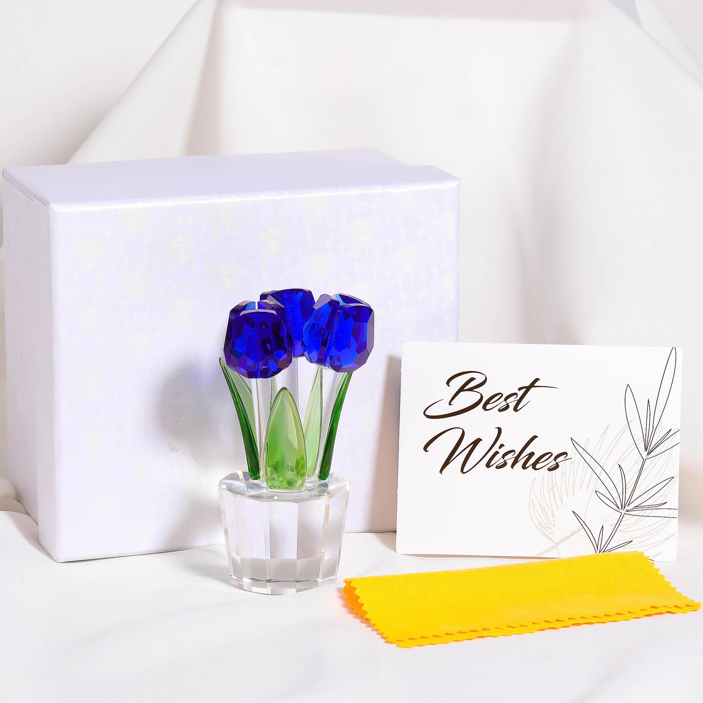 Qianwei Crystal Tulips Flowers Figurine Blue with Vase - Glass Flower Bouquet Collectible Figurines Crystal Office Home Decor Paperweight - Tulip Gifts for Women Mom Bestfriend Wedding Anniversary