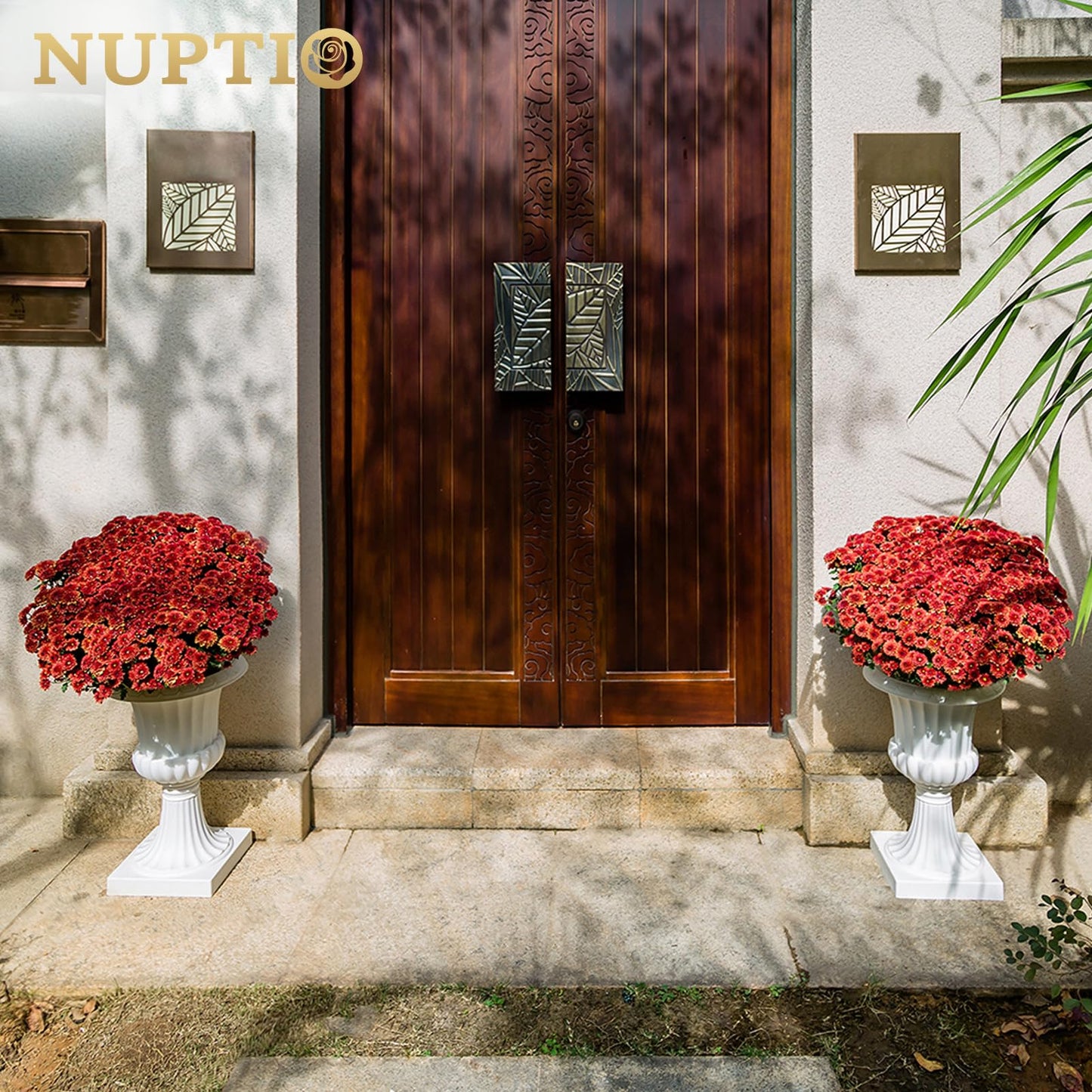 NUPTIO 2 Pcs Classic Urn Planter, 19.7 inch Tall Large Plastic Outdoor Urns Planters, Pedestal Flower vases Plant Pot, Resin Grecian Plants pots for Garden Porch Front Door, White