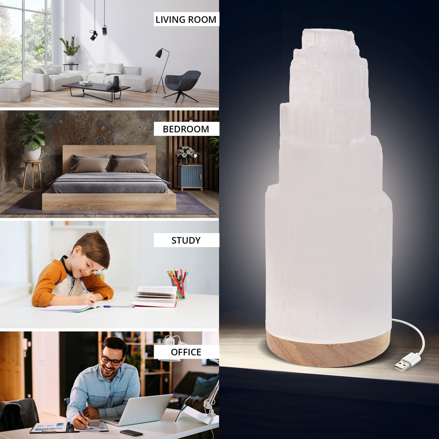 Salt 84 Selenite Crystal Lamp, 20 cm Tall, High Energy Skyscraper Lamp with Wooden Base & USB Charging Cable, ETL Certified, Hand Curved Selenite for Spiritual Protection and Therapy