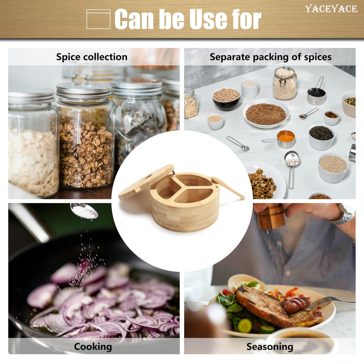 YACEYACE Bamboo Salt Cellar with Lid and Spoon, 9oz Small Salt and Pepper Containers, Bamboo Salt Containers for Countertop, Salt and Pepper Bowls