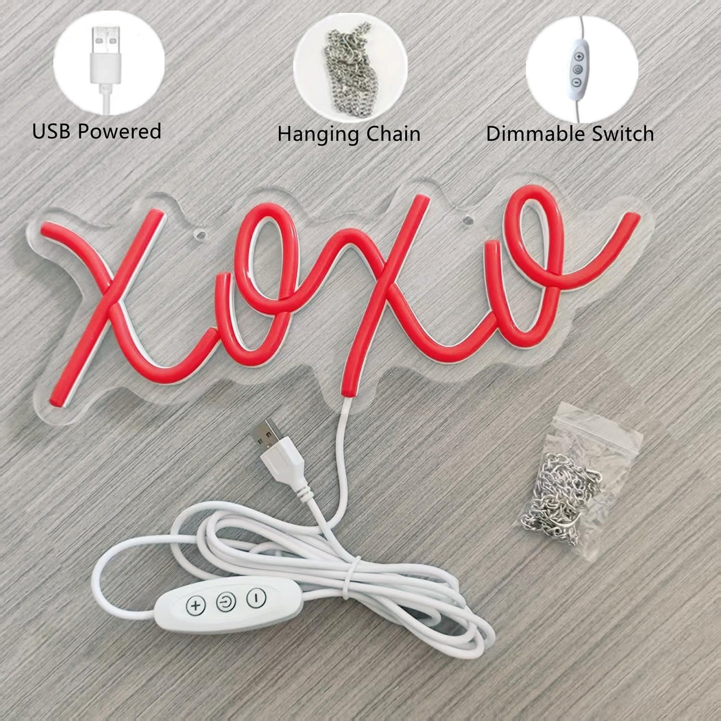 Neon Sign Lights XOXO, Modern Wedding Décor Signs,XOXO Neon Light with Dimmable Switch and Hanging Chain for Bedroom Dorm Hotel Pub Bar Wedding Party Decor,Valentine's Gifts for Her,11.4x4.3In