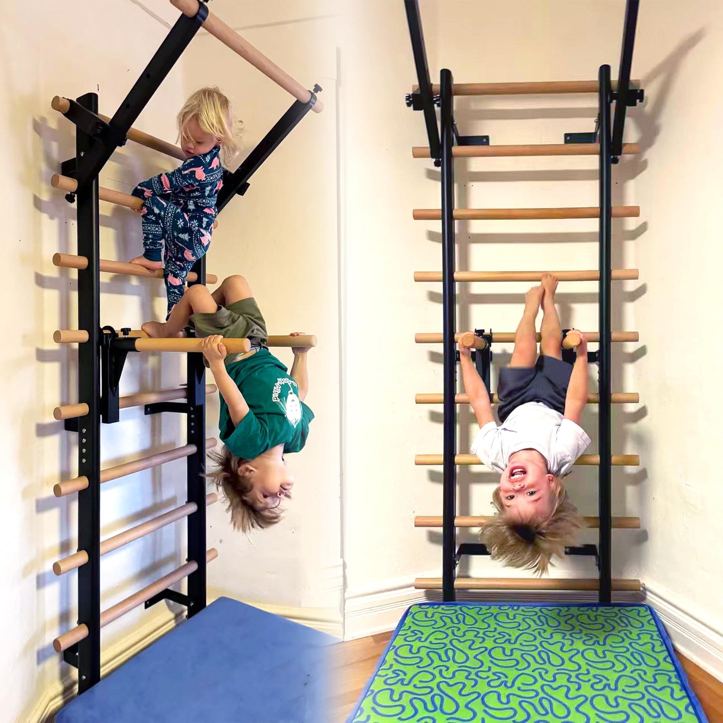 PreGymnastic Stall Bars, Swedish Ladder for Adult and Kids, Wall Bar with Solid Beech Wood Rods, Durable Steel Frame, Adjustable Pull Up and Dip for Strength, Flexibility at Home Gym, Studio