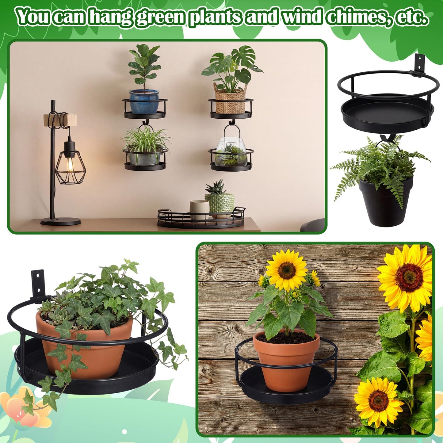 Lounsweer 2 Pack Wall Plant Holder with Hooks Metal Flower Pot Wall Hanging Shelf Black Indoor Outdoor Decor 7 Inch Floating Shelf Planter Hanger Bird Feeder Tray for Bedroom Living Room Porch Balcony