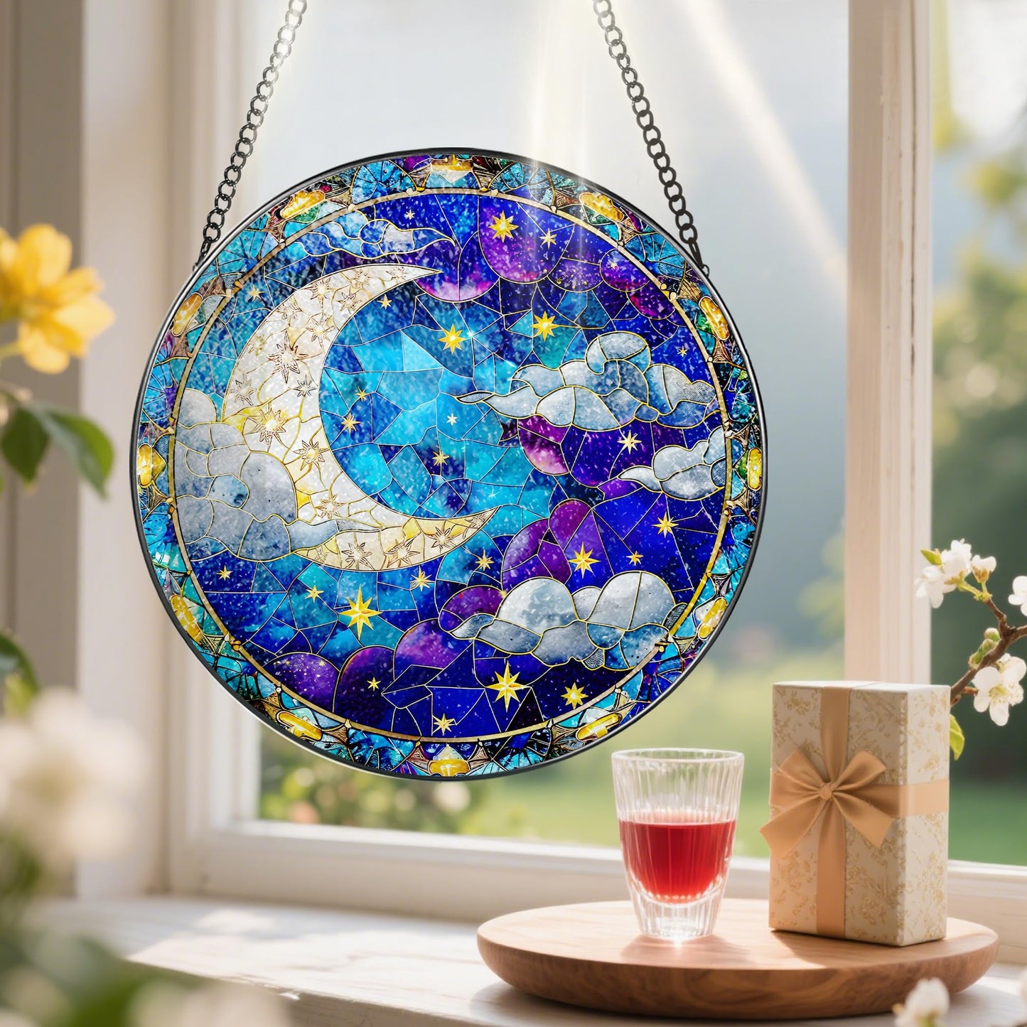 8-Inch Moon and Star Stained Glass Ornament, Stained Glass Window Hanging, Window Hanging Decor Suncatcher, Night Sky Ornament | Holiday, Mother’s Day, Housewarming | Gifts for Friend & Family