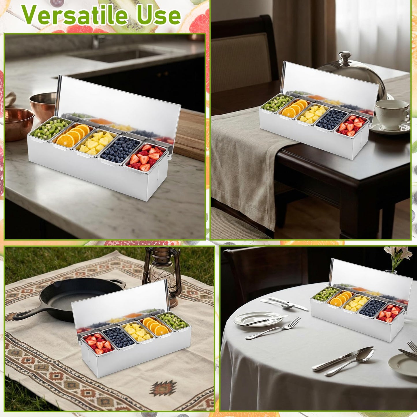 Ferrochef 5 Compartments Stainless Steel Chilled Condiment Tray, Garnish Tray with 5 Removable Compartments, Condiment Dispenser with Lid, Fruit Serving Containers