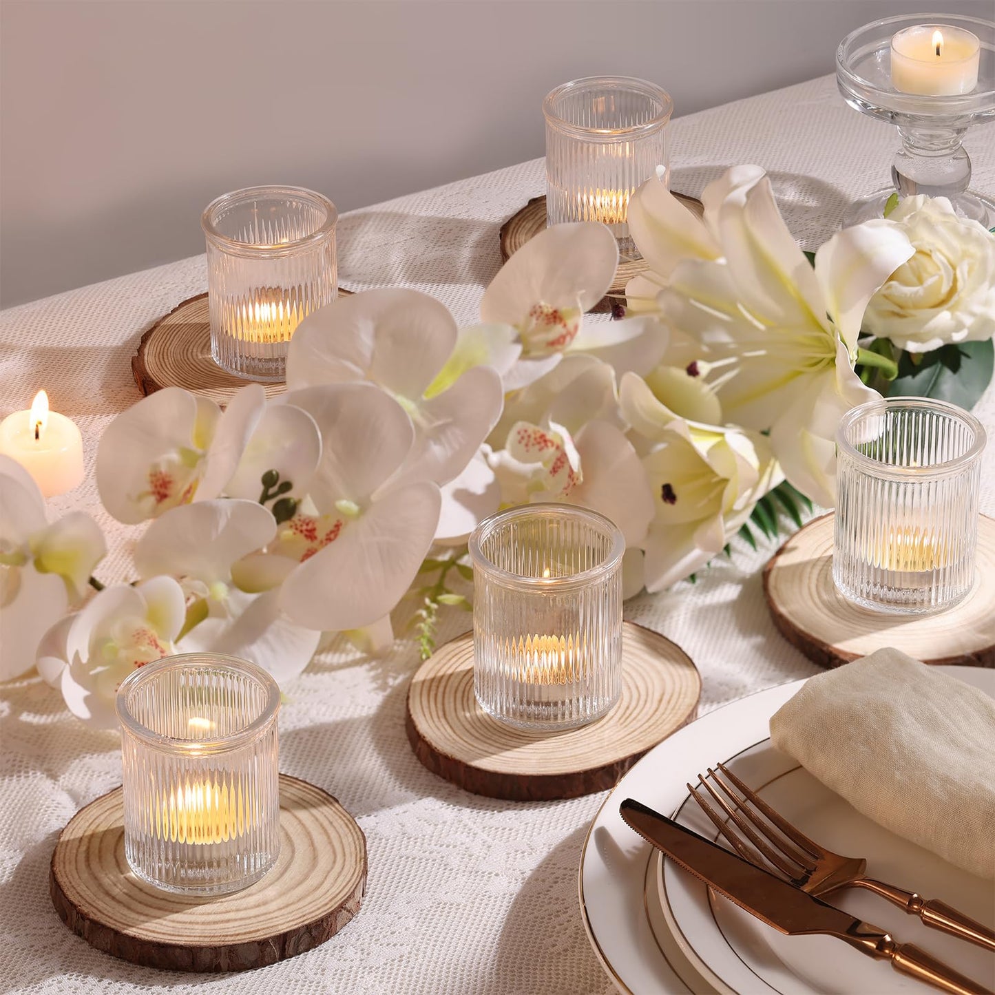 NITIME 32Pcs Ribbed Votive Candle Holders, Clear Tea Light Candle Holder for Wedding Table Decor, Glass Candle Holder for Bridal Shower Decor, Home and Holiday Decor