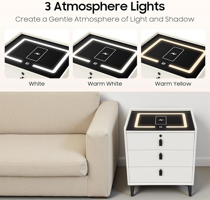 Smart Nightstand with Wireless Charging & Fingerprint Lock, 3-Drawer Bluetooth