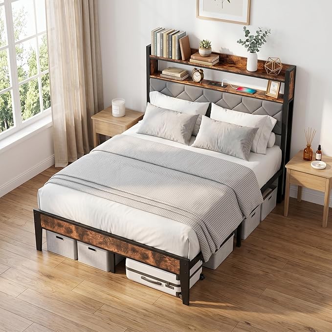 Full Size Bed Frame with Dual-Layer Headboard and Footboard, Bed Frame Full