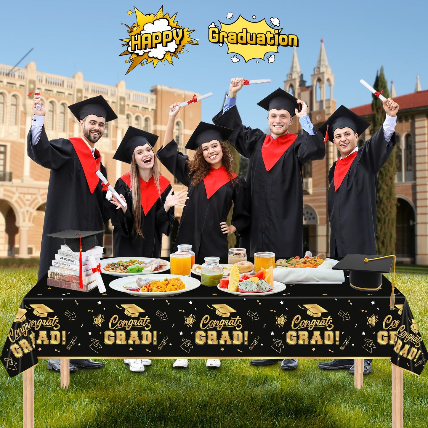 2 Pack Graduation Tablecloth - Congrats Grad Table Cloths, Plastic Disposable Rectangle Black Gold Class of 2025 Table Cover for Graduation Tables Decorations Party Decor Supplies Favors,108 x 54 Inch