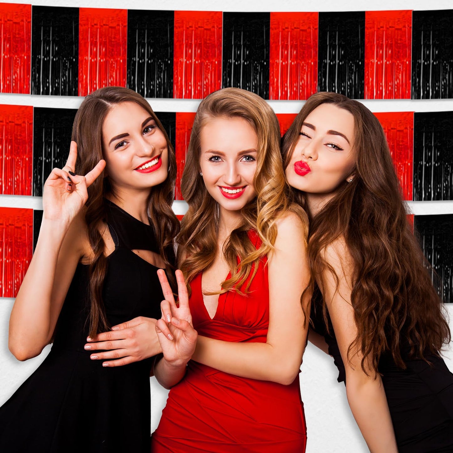 4 Pack 10 Ft Black Red Foil Fringe Garland Metallic Tinsel Streamers Banner Wall Hanging Curtain Backdrop for Parade Floats, Christmas Day, Thanksgiving Day, Halloween, New Year Party Decoration