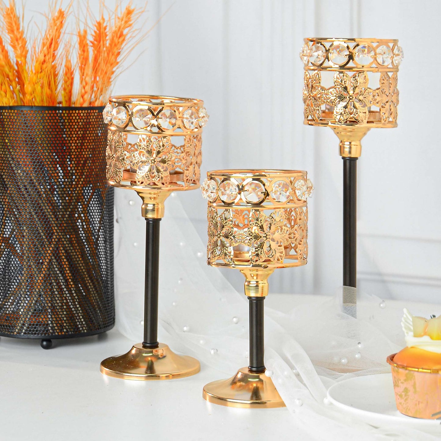 Kehail Set of 12 Floral-Carved Crystal & Metal Tealight Candelabras Bulk- Elegant Gold & Black Wedding Centerpiece, Dining Table Decor, Votive Candle Holders