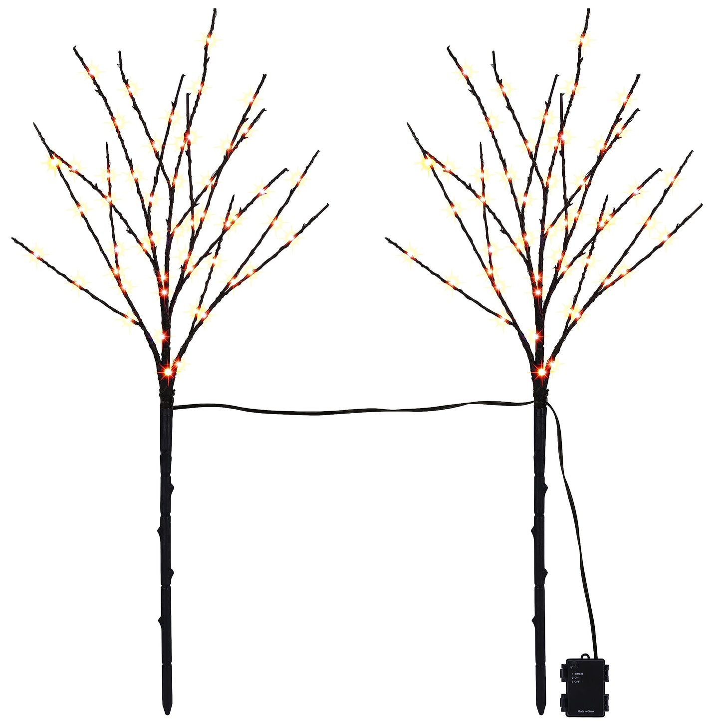 Lighted Halloween Tree Branches, 30IN 100LED Artificial Black Twig Branch with Orange Fairy Lights, Built-in Timer & Battery Operated, Waterproof for Indoor Outdoor Office Bedroom Party Decorations