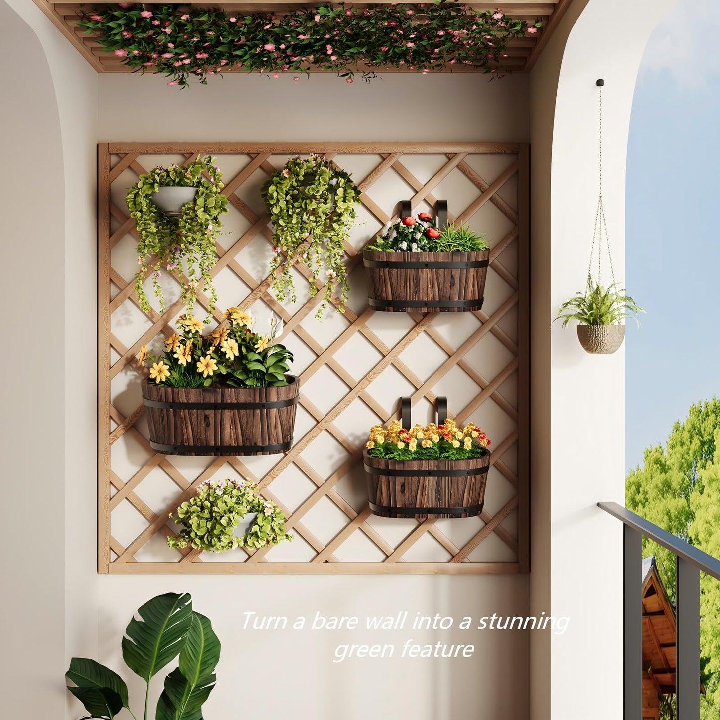2pcs Wood Railing Planter Boxes Wooden Hanging Flower Pots for Railing Fence Outdoor Plants Wall Planters Window Flower Box Hanging Bucket Pots Countryside plant Holder (Carbonized,2pcs,Small)