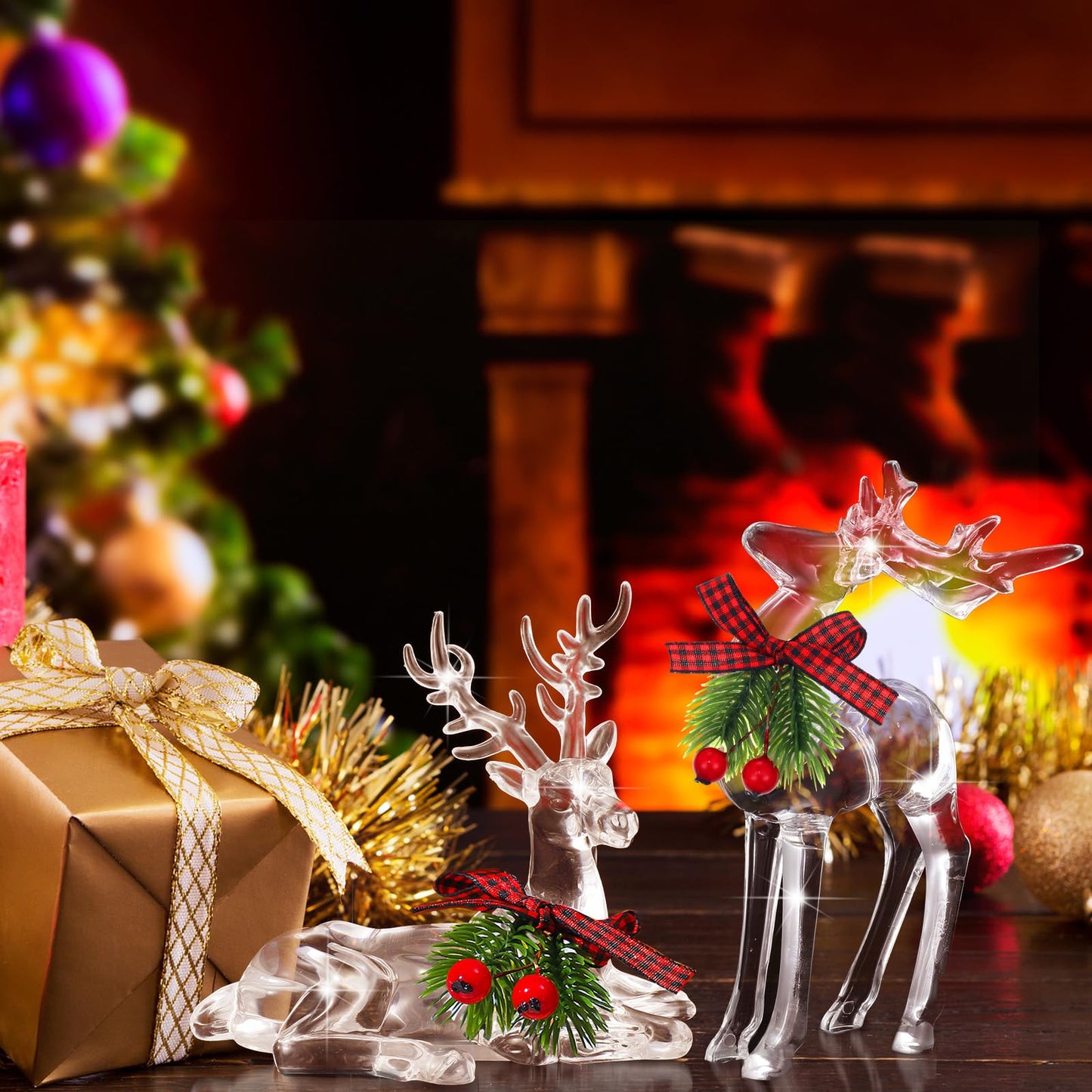 Bucherry 2 Pcs Christmas Reindeer Figurines Decoration Acrylic Deer Decor Christmas Holiday Reindeer Figurine Statues with Red Berries Bow Home Xmas Deer Decor Holiday Party Supplies(Classic Style)