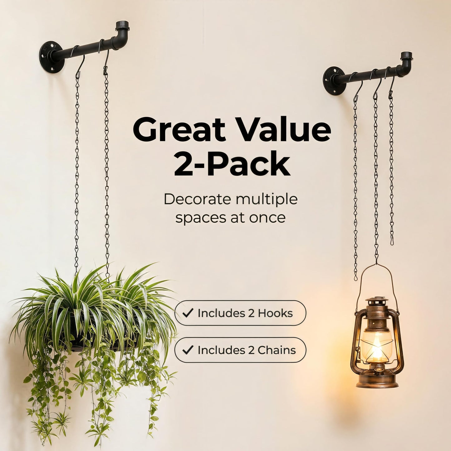 ZYUXUAN 2 Pack Black Metal Pipe Plant Hanger Indoor with Hanging Chains, Industrial Window and Wall Mounted Hanging Rod Planter for Plants, Pot/Plant Not Included