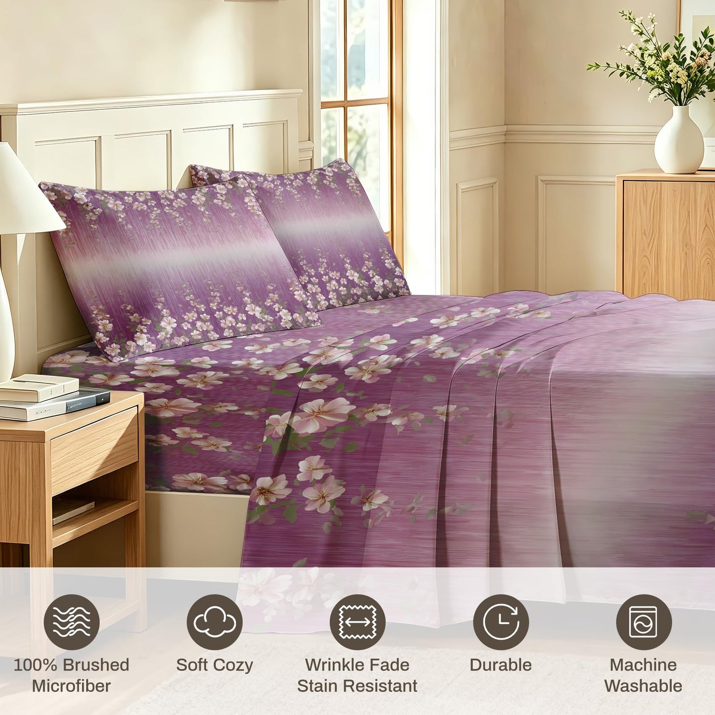 Girls Flower California King Sheet Set 4 Pcs Purple Gradient Bed Sheets
