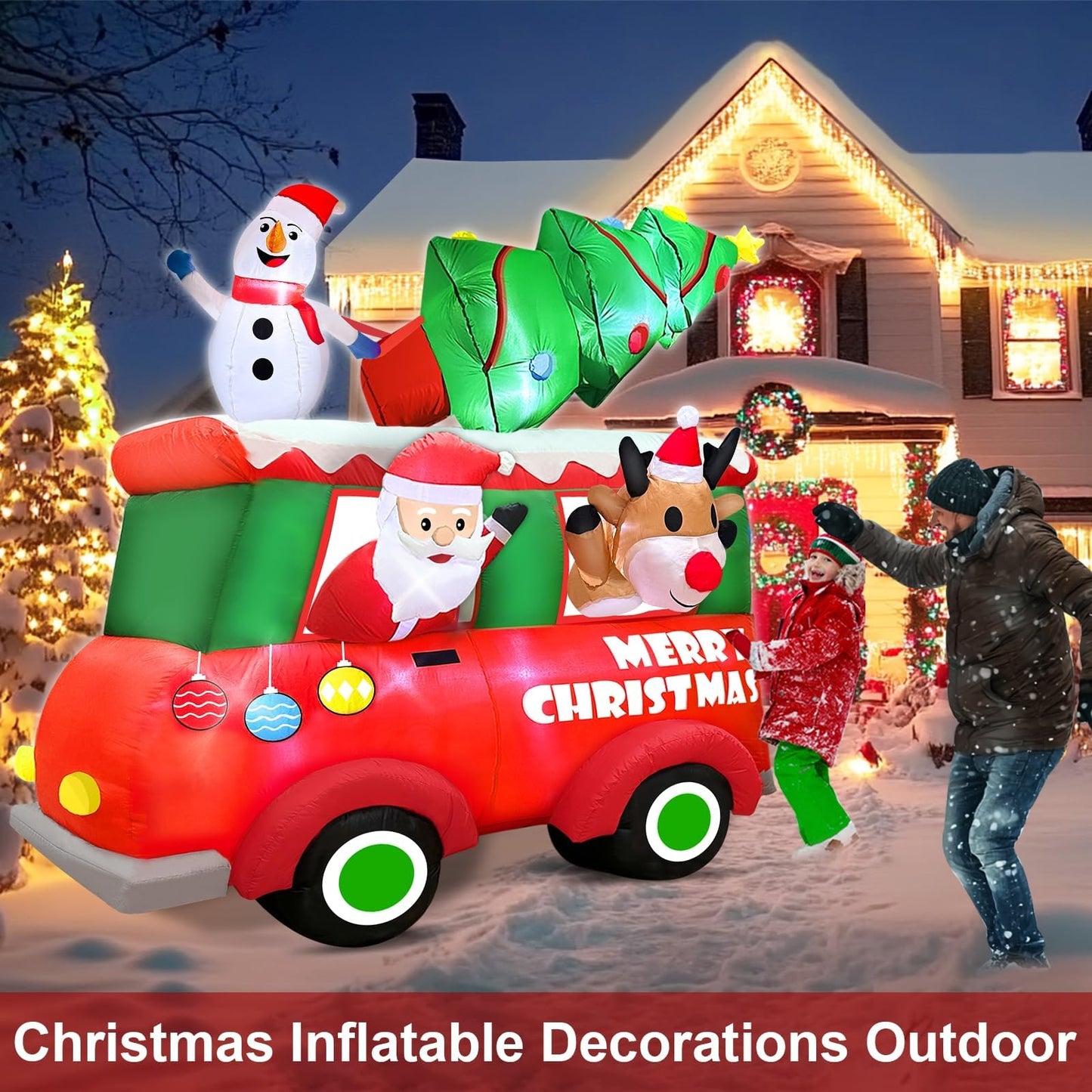 8 Ft Ht x 8 Ft L Giant Christmas Inflatables Outdoor Decorations, LED Lighted Santa Claus Inflatables Truck with Snowman and Reindeer, Christmas Tree Blow Up Yard for Holiday Outdoor Garden Lawn Decor