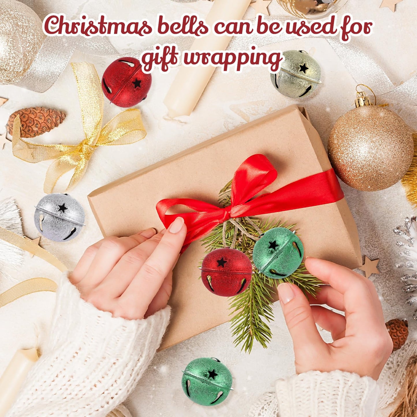 Zubebe Christmas Bells Jingle Bells Large 2.5 Inch Star Cutout Ornament for Crafts Christmas Tree Decor Gift Wrapping(Glitter Red, Green, Gold, Silver,12 Pcs)