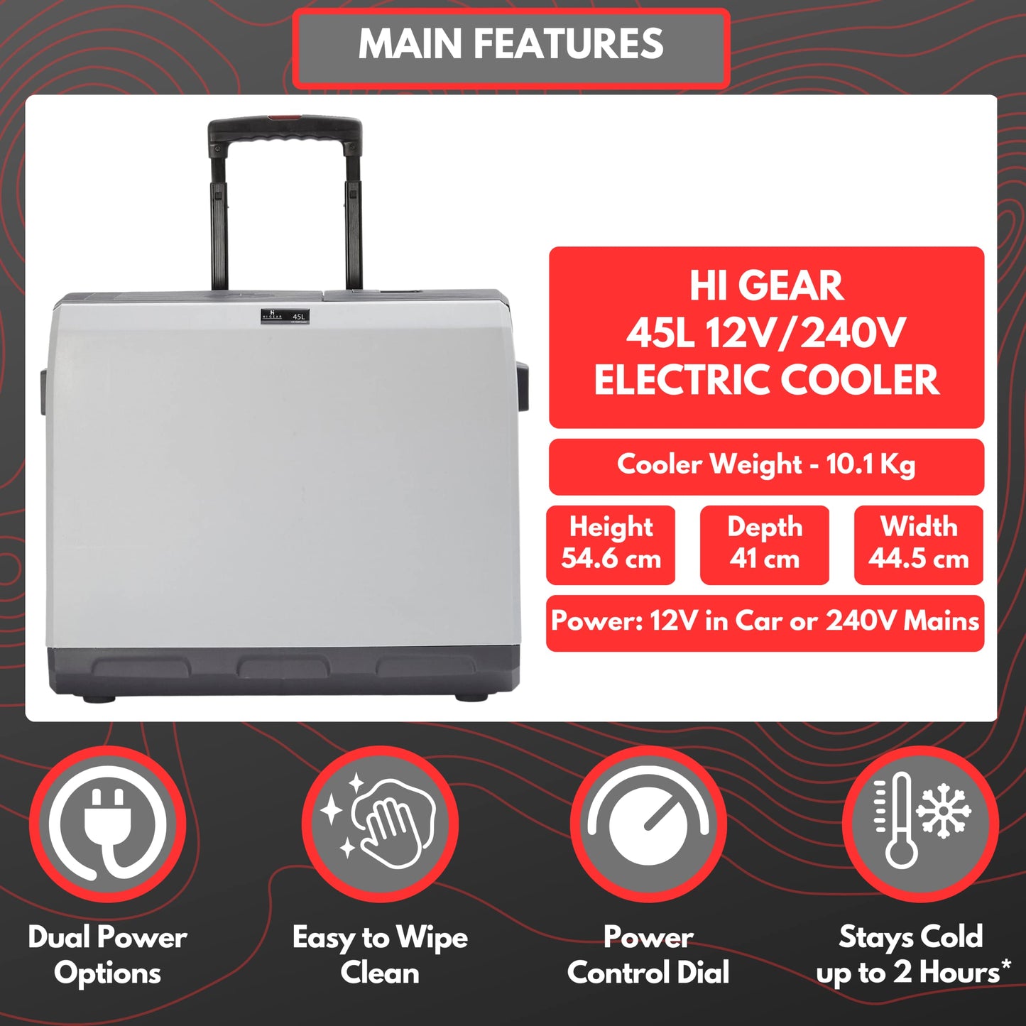 Hi-Gear 45 Litre Cooler with Integrated Handle & Wheels, 12V in Car & 240V Mains Sockets, Portable, Spacious & Wheeled 45L Electric Cool Box, Camping, Campervan, Travel, Picnics, Festivals, Grey