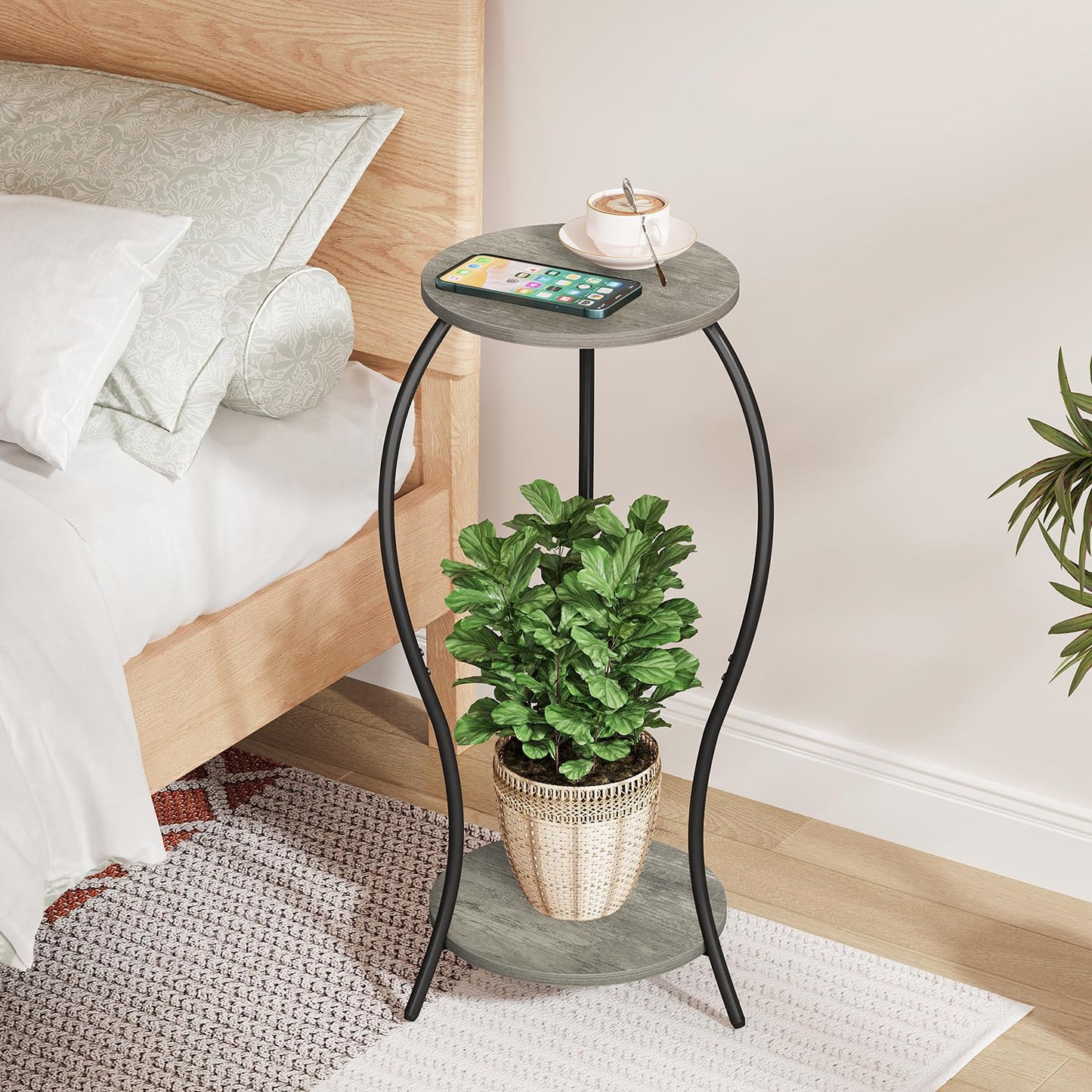VYUOL Plant Stand Indoor, 2 Tier Round Tall Plant Stand, Flower Pot Stand, Plant Shelf Rack, Corner Plant Stand for Planter Garden Balcony Patio Living Room, Grey