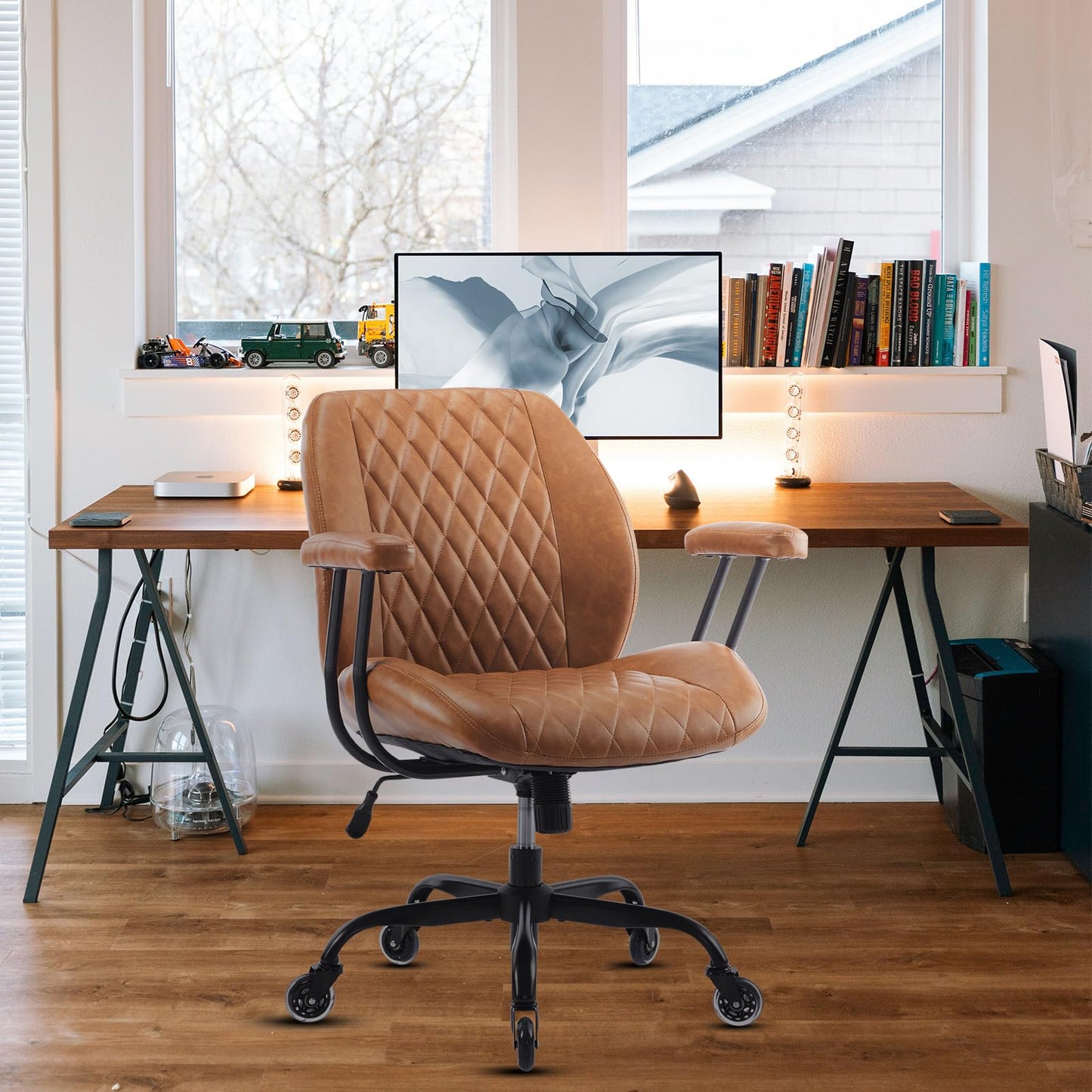 YFO Home Office Desk Chair Office Rubber Casters Ergonomic Computer Chair with Lumbar Support Adjustable Height Rolling Swivel Executive Task Armrests Chair๏ผ Brown Leather