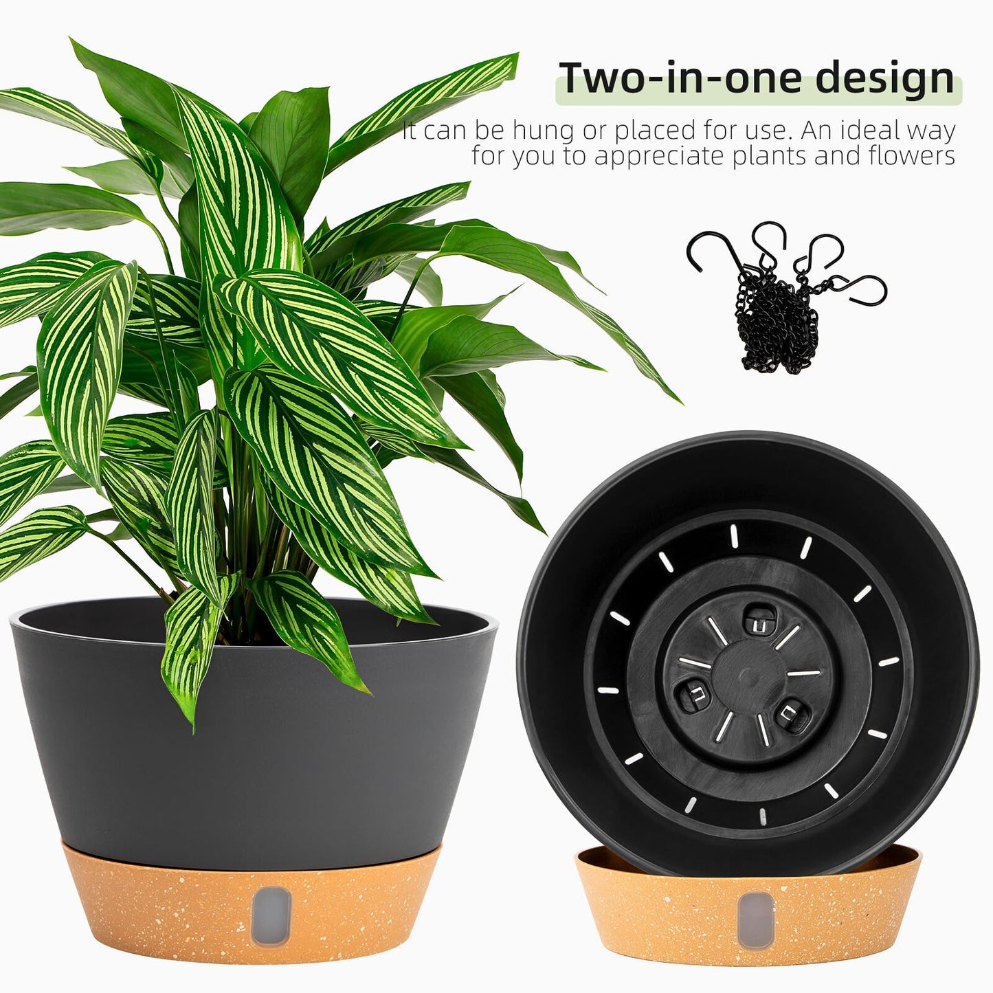 QCQHDU 2 Pack 8 Inch Hanging Planters for Indoor Outdoor Plants, Hanging Baskets Flower Pots with Reservoir Tray & Visible Water-Level