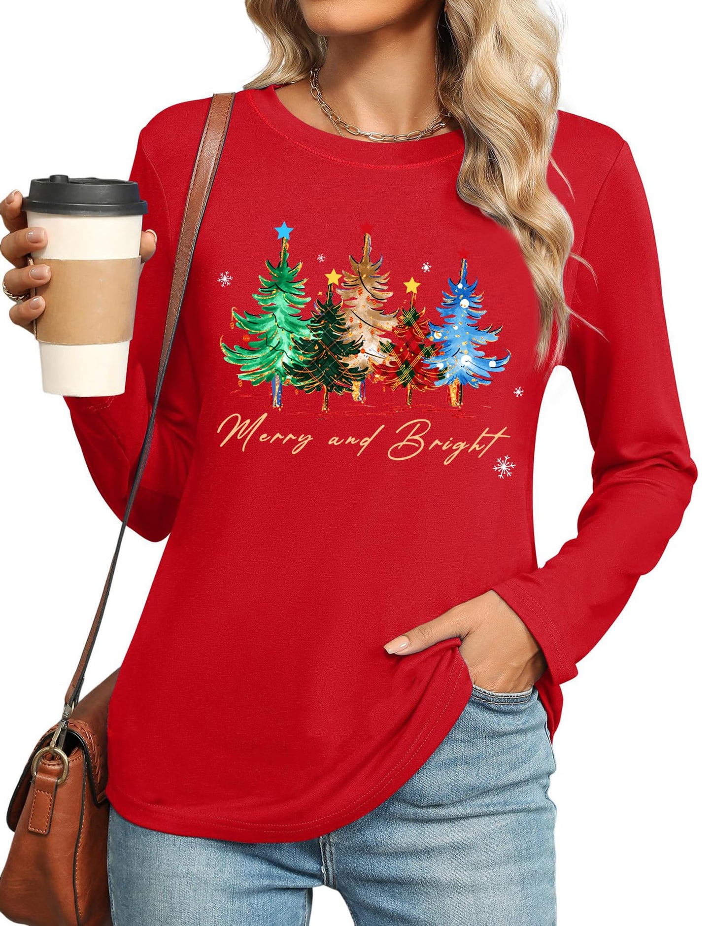 VVNTY Christmas Shirts for Women: Merry and Bright T Shirt Long Sleeve Christmas Tree Shirt Christmas Vacation Tees