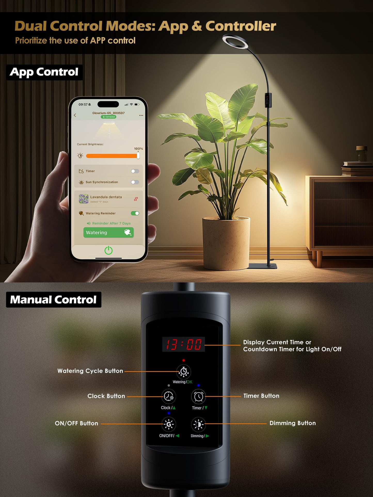 Smart Grow Lights for Indoor Plants, 24W Plant Light with Auto-Timer, Full Spectrum LED Grow Light, Adjustable Height & Stepless Dimming,Plant Assistant Suitable for Most Plants (Black)