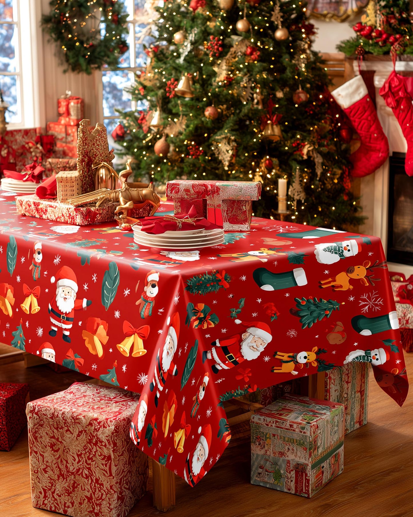 Pureegg Plastic Table Cloth Disposable 6 Pack, 54 x 108 Inch Table Cloths, Christmas Decorations, Xmas Decor, Party Tablecloths, Rectangle, Holiday Plastic Cover, Waterproof, Christmas Red