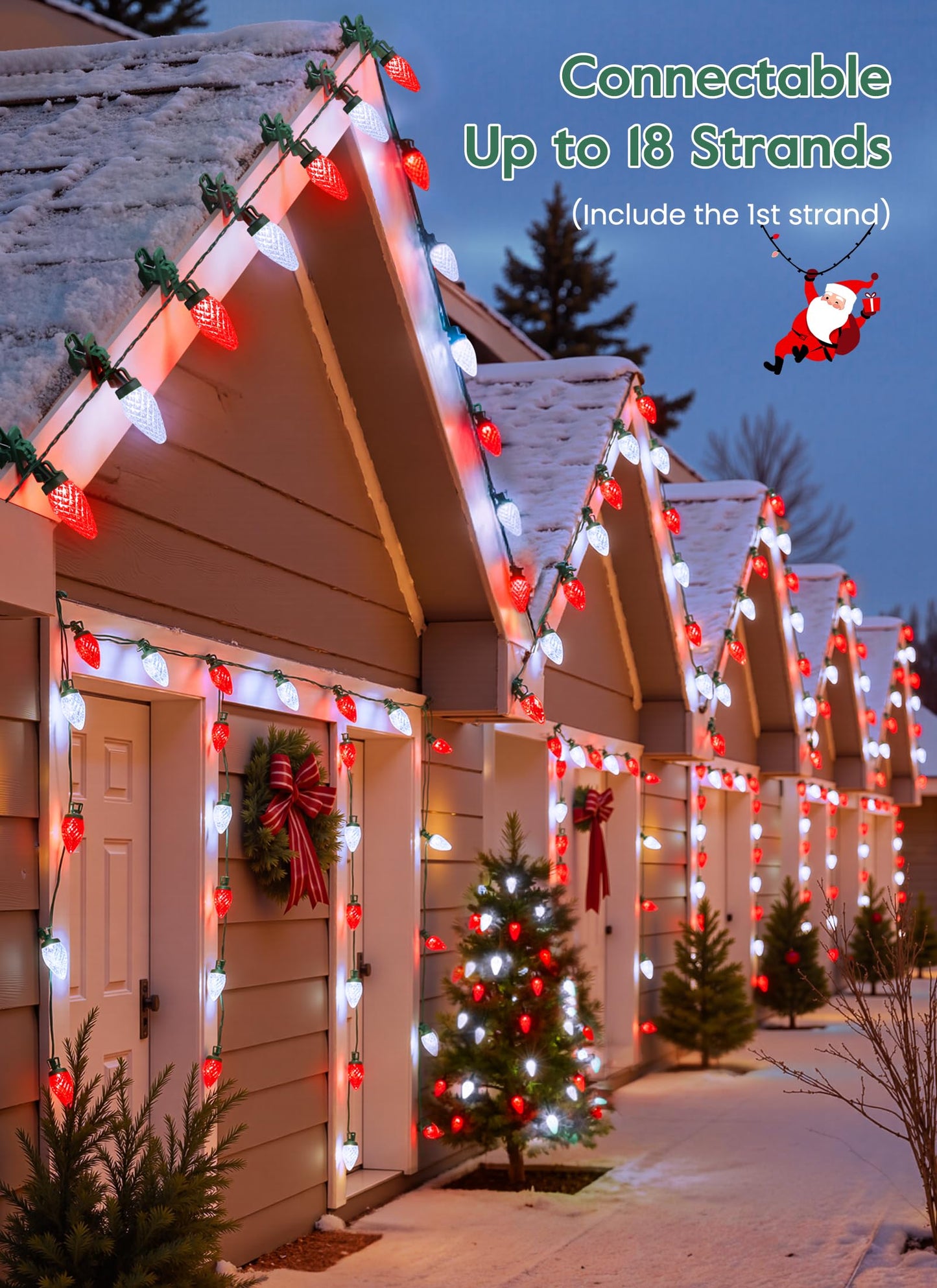 C9 LED Christmas Lights Outdoor, 99 Feet 150 LED C9 String Lights with 150 Spring Clips, Waterproof Connectable Christmas Tree Lights for Outside Roofline Patio Home Xmas Decor, Red & Pure White