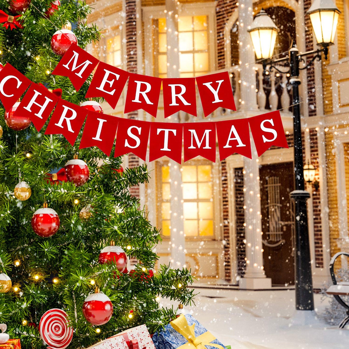 Whaline Merry Christmas Canvas Banners, Red Christmas Bunting Garland, Hanging Xmas Decorations for Fireplace Wall (13ft in Total)