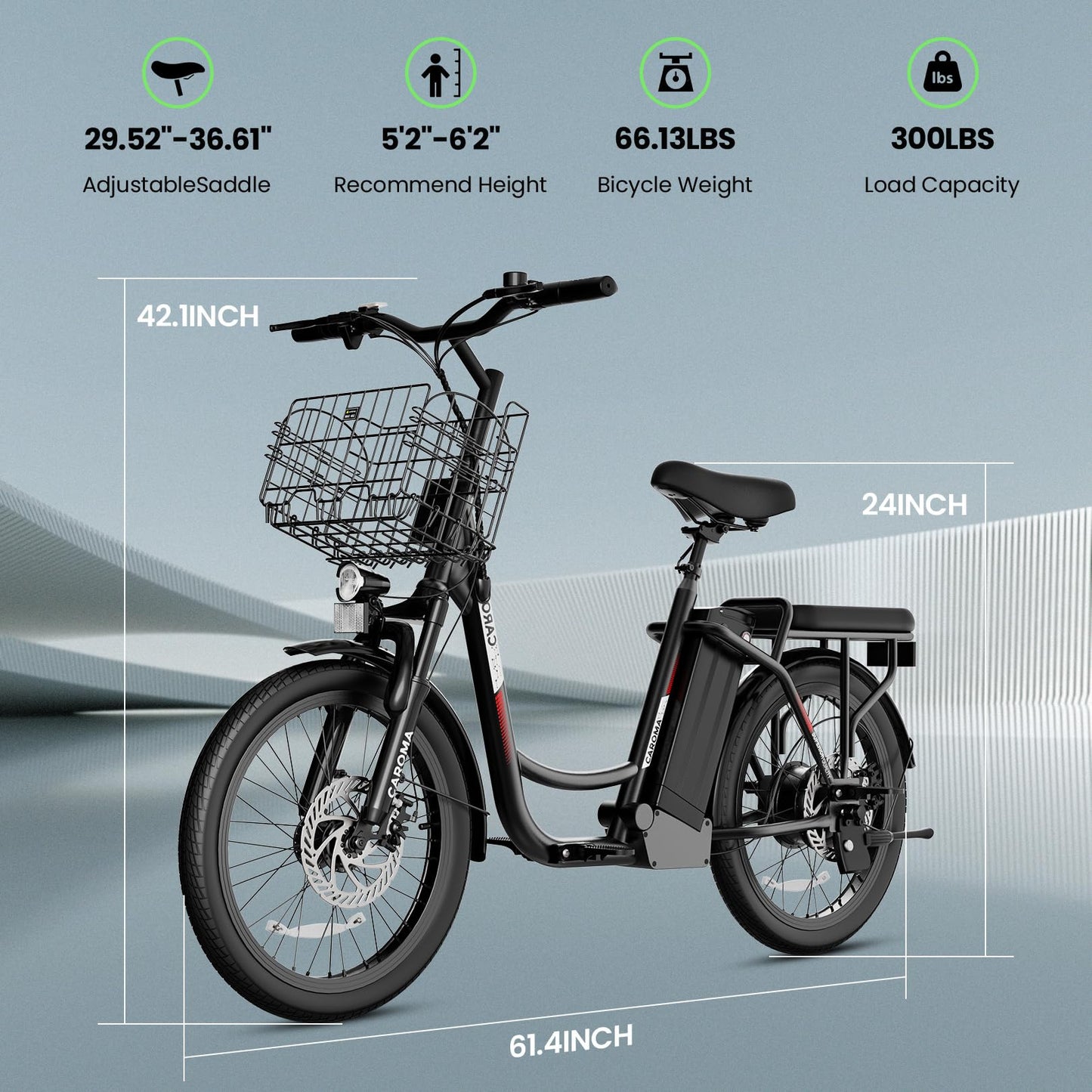 Caroma Peak 500W Electric Scooters with Seat,Step Thru Electric Bicycle 36V Removable Lithium-Battery,15Miles Max Range,20MPH Commuting Electric Bike for Adults&Teens,Shock Absorber,Rear Rack,Black