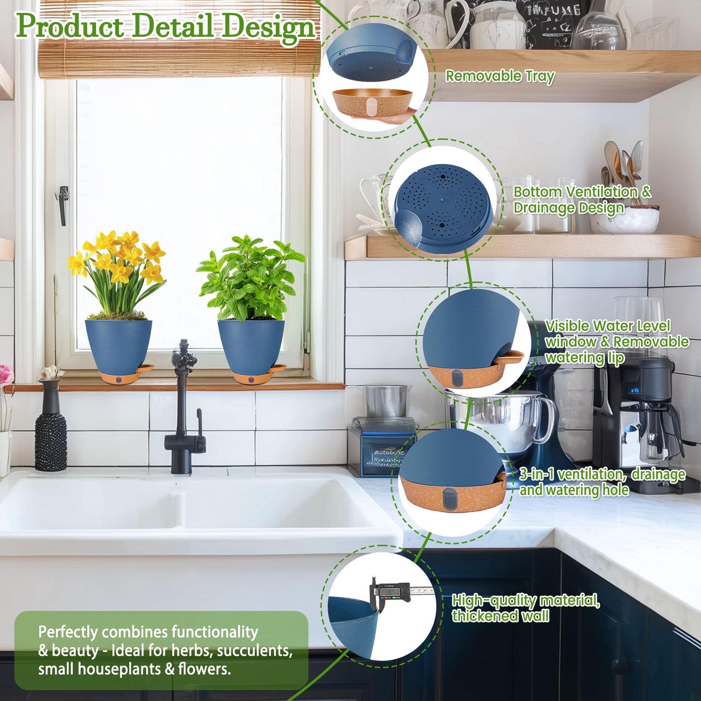 6 Inch Self Watering Pots for Indoor Plants (5-Pack) β Small Plastic Planters with Water Window, Drainage Holes & Trays, Indoor Outdoor Flower Pots for Herbs, Succulents, Home Garden Decor (Navy Blue)