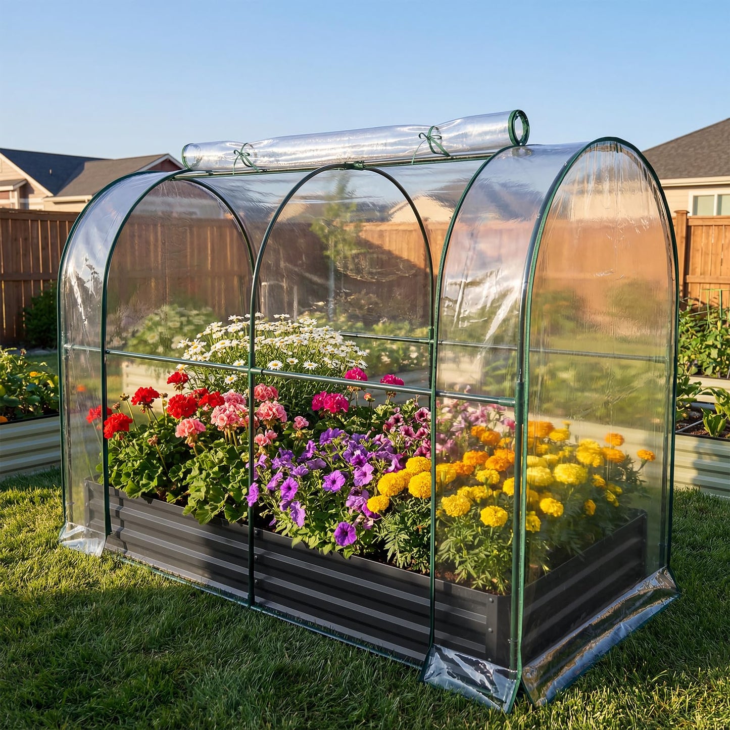 Galvanized Raised Garden Bed for Gardening Vegetables with Cover, 71"x35.4"x47.2" Outdoor Metal Planter Box Kit with Roll-Up Large Screen Windows Mini Greenhouse for Growing Vegetables Flower