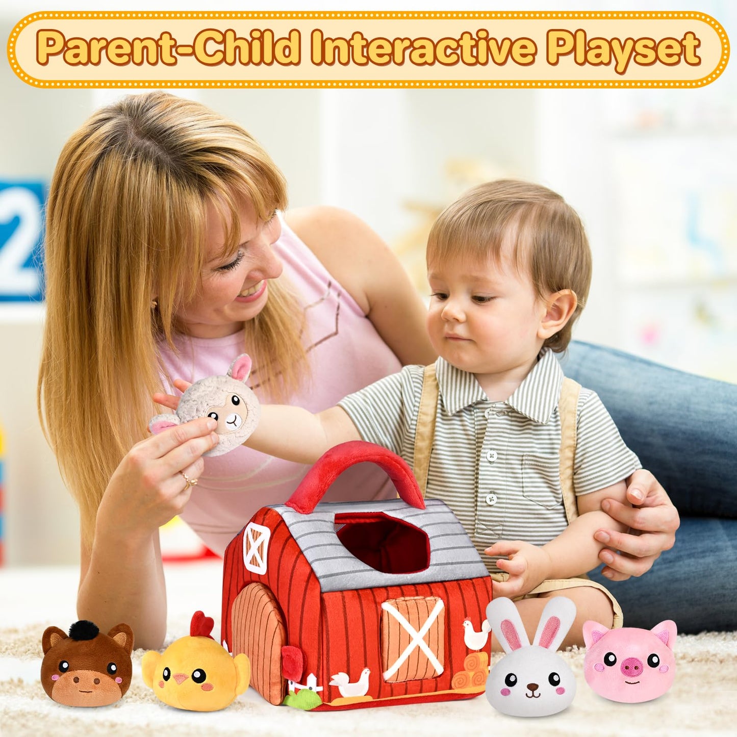 Baby Toys 0-6 6-12 Months, Plush Big Red Barn with Farm Animals, Soft Sensory Toys with Crinkle, Rattles for 0-3-6-9-12 Month Newborn Infant, Christmas Easter Birthday Gifts for Baby Boys Girls