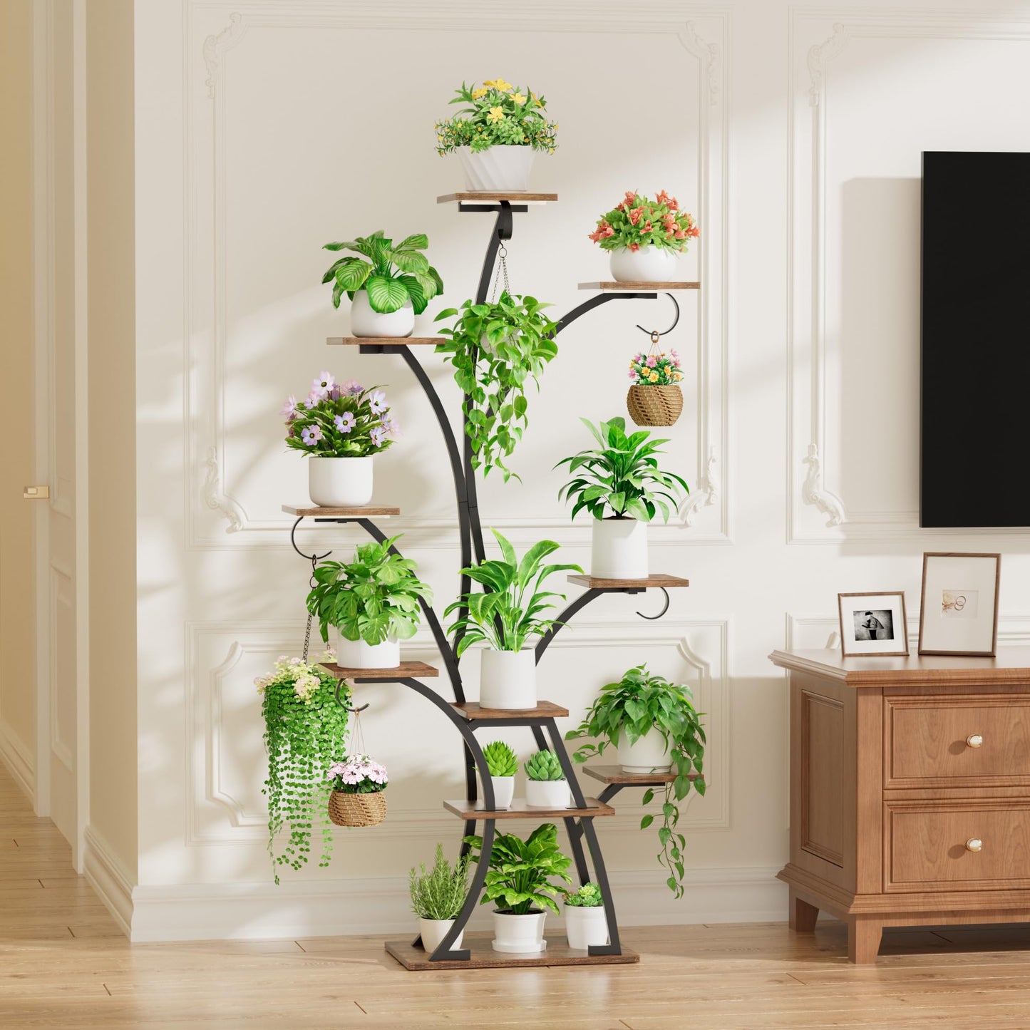 Plant Stand Indoor with Grow Lights - Lighted Plant Shelf Indoor, 64" Tall Corner Plant Stands for Indoor Growing, 10 Tier Flower Display Shelf, Large Tree-Shaped Holder for Home, Living Room, Black