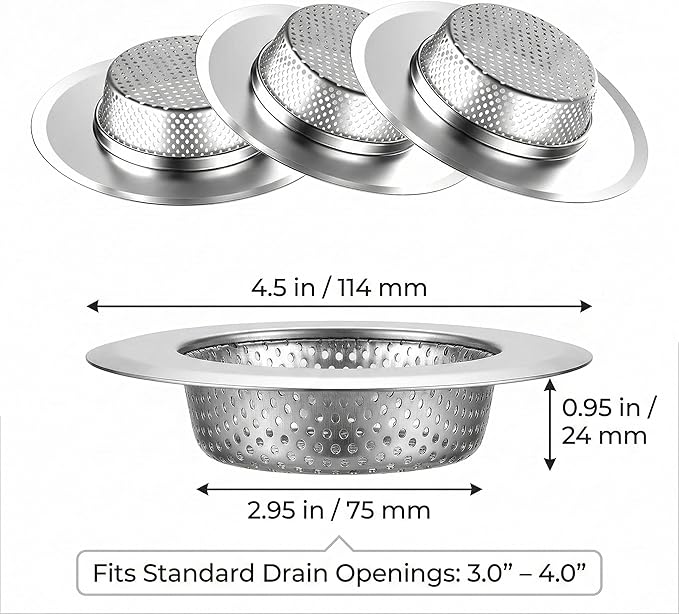 Helect 3-Pack Kitchen Sink Strainer, Stainless Steel Drain Filter