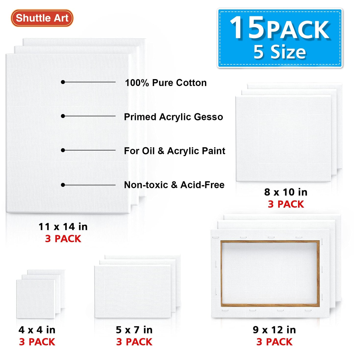 Shuttle Art Canvas for Painting, 15 Multi Pack Stretched Blank Canvas Boards, 4x4, 5x7, 8x10, 9x12, 11x14 Inches (3 of Each), Primed White Painting Canvas, Canvases for Acrylic, Oil Painting