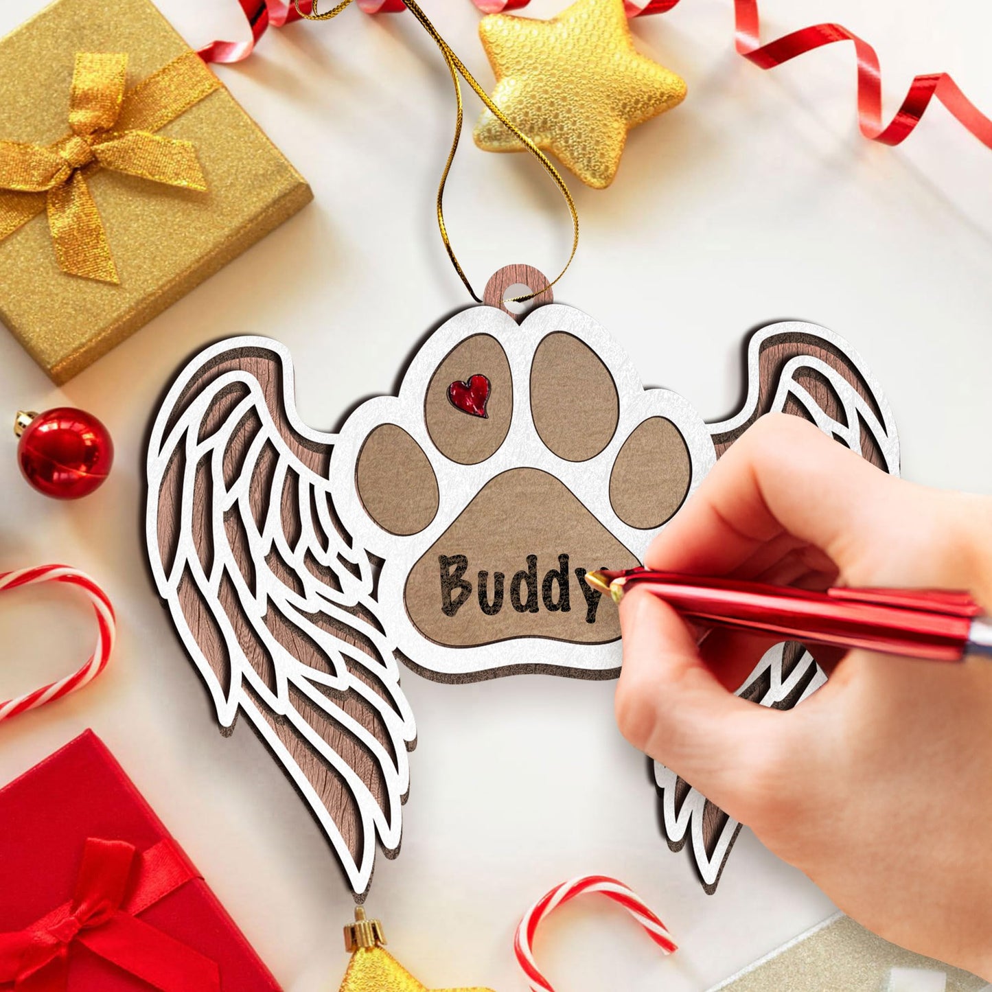 Personalized Dog Memorial Ornament - Angel Wings Pet Paw Print Decoration - Personalize with Your Dog's Name Or Message Using a Marker (Marker not Included)