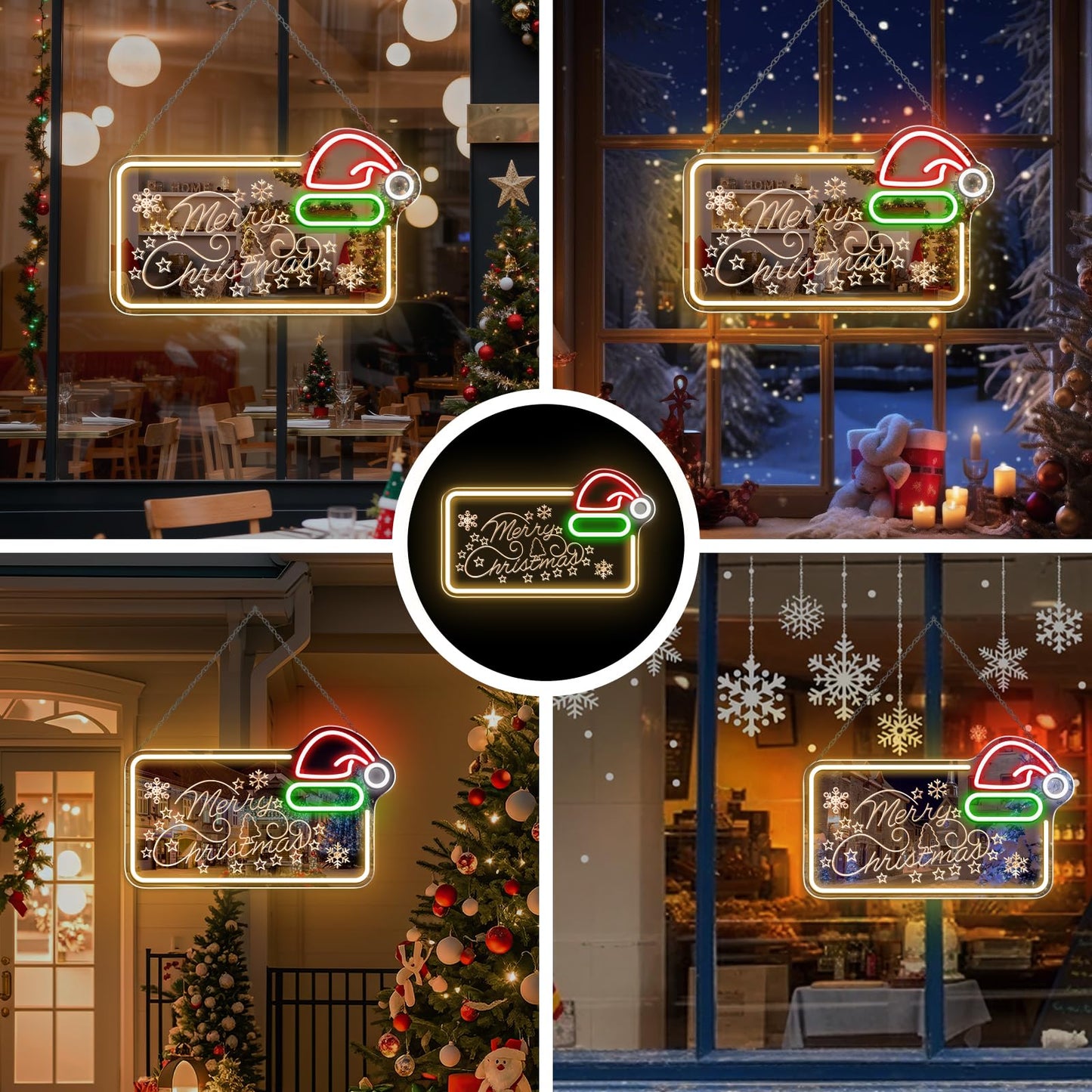 16.5 x 10’’ Mirror Merry Christmas Neon Sign, Carving LED Sign with Santa Hat, USB Powered Dimmable Switch for Xmas Party Kids Bedroom Bar Pub Club-Christmas Gift Decorations