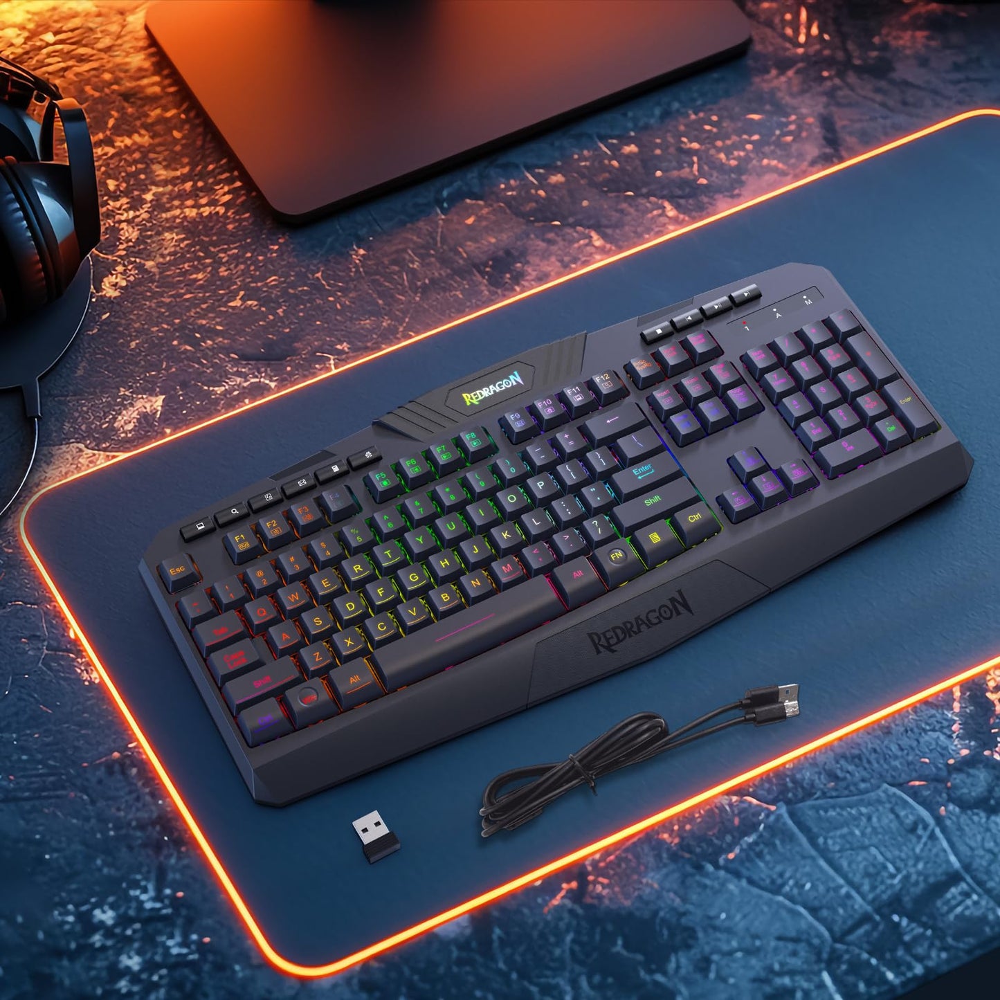 Redragon K521KS Wireless Gaming Keyboard, Tri-Mode BT/2.4G/USB-C RGB Mechanical Feeling Keyboard with Multimedia Keys, 4000mAh Battery, Anti-Ghosting, Compatible with PC - Upgrade