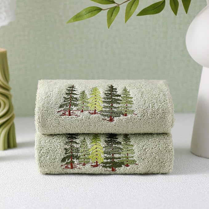 2 Pcs Forest Hand Towels Gray Green Bathroom Decor 14x29 Inch Embroidered 100%