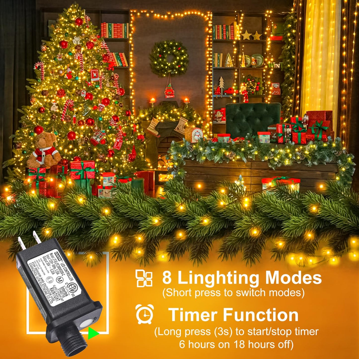 Nielfoi 100FT 300 LED Christmas Lights Outdoor, Warm White Christmas Tree Lights with 8 Modes Waterproof, Connectable Green Wire String Lights Indoor for Patio Garden Xmas Party Decorations