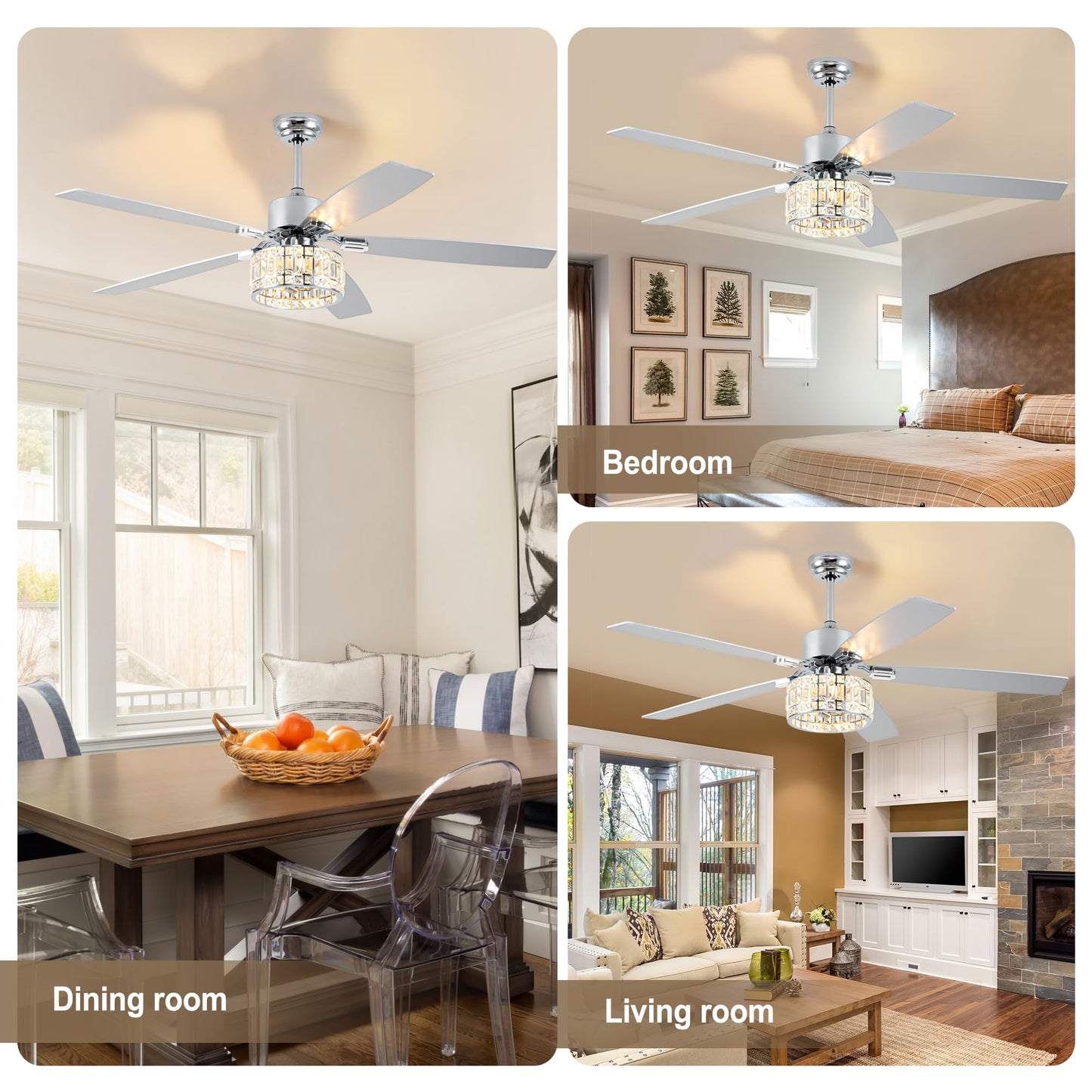 Esiovco Chandelier Ceiling Fans with Lights and Remote,Caged Ceiling Fan with Light,App 5 Blades E26 Fandelier Ceiling Fans with Lights,Crystal Ceiling Fan for Bedroom,Living Room. (Nickel, 60 Inch)
