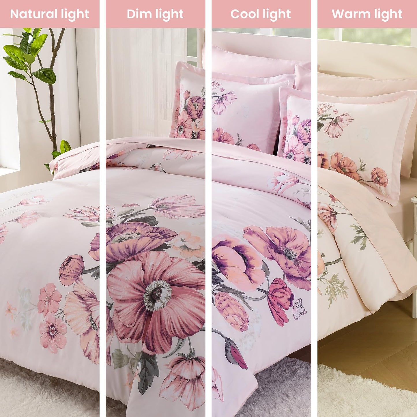 LLDSYW King Size Comforter Set - 7 Pieces Floral Comforter and Sheet Set, Pink King Size Bed in a Bag, Soft Microfiber Flower Complete Bedding Set for All Seasons(Pink,104"x90")