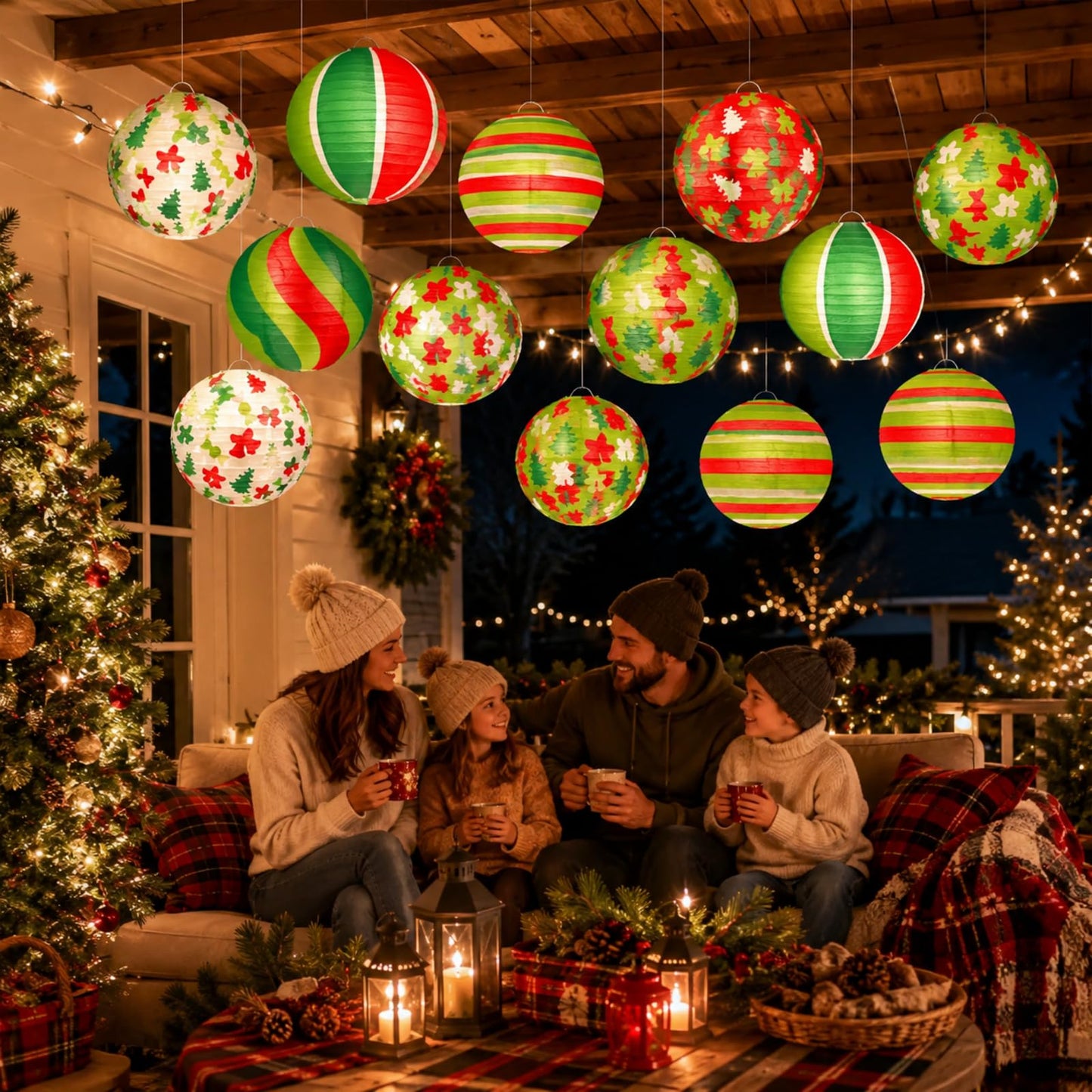 ADLKGG 12PCS Christmas Paper Lanterns Decorations - Hanging Xmas Lanterns with Trees, Bells, Stripes Patterns for Christmas in July & Winter Holiday Party Supplies, Home Patio Classroom Decor